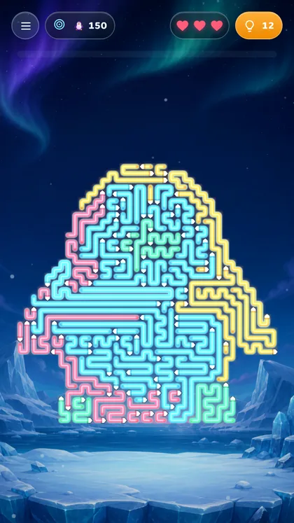 An Arrow Puzzle level where the arrows form a penguin silhouette