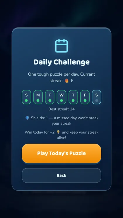 The daily challenge screen with a streak calendar
