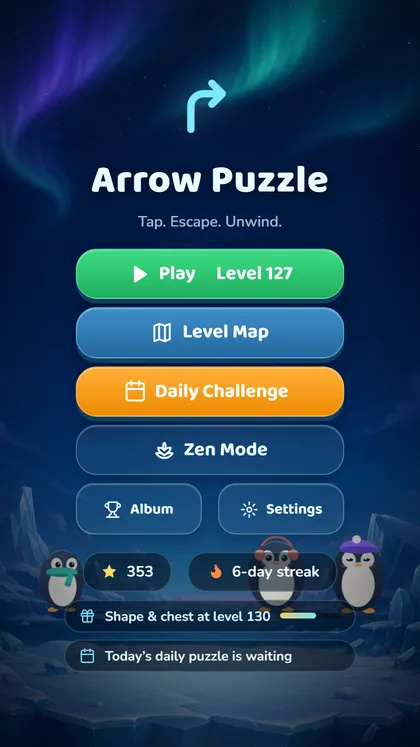 The Arrow Puzzle home screen with Scout the penguin